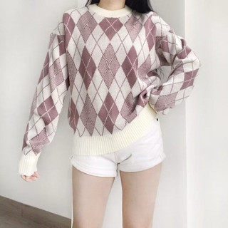 Sweater Rajut Wanita Diamond Motif Oversize - Blouse Rajut Tebal Kekinian Premium Lengan Panjang