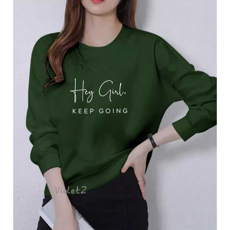 Hey Girl Motif เสื้อยืดแขนยาวสําหรับผู้หญิงผู้ใหญ่อินเทรนด์และอินเทรนด์เสื้อยืดแขนยาวผู้หญิง Crewnec