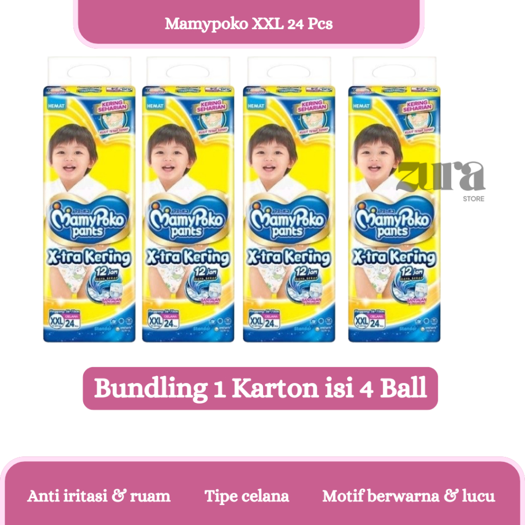 BUNDLING 4 Ball (1 CARTON DUS) - MamyPoko Pampers Pants X-tra Dry XXL24 ไซส์ XXL บรรจุ 24 ชิ้น