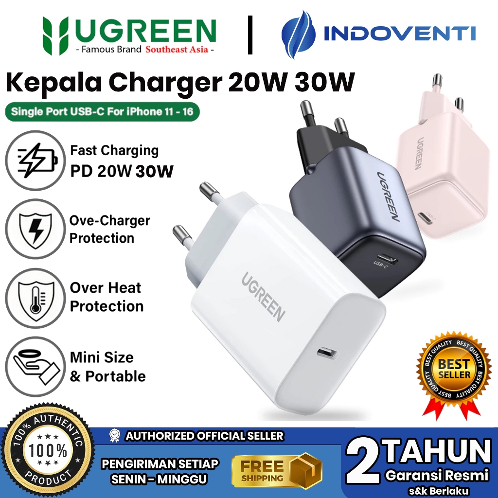 UGREEN MFI Charger Adapter Head สําหรับ iPhone 11 12 13 14 15 Type C PD Fast Charging 30W 20W