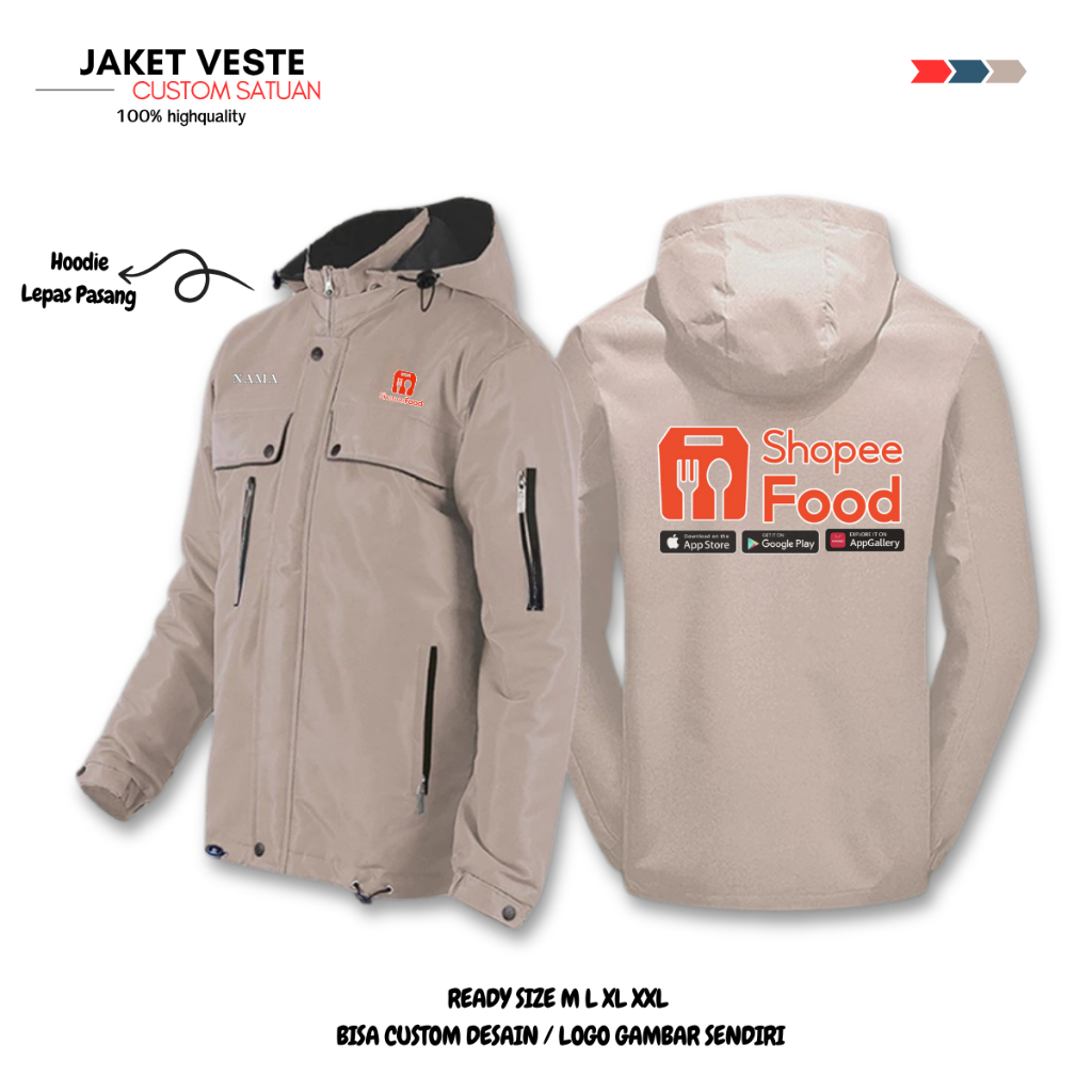 เสื้อแจ็คเก็ตอาหารร่มชูชีพ Shopeefood Veste แบบกําหนดเอง การพิมพ์หน้าจอเดียว