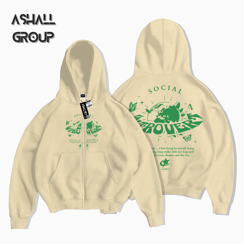 Ashall_Store Hoodie Boxy Zipper Social Boxy Hoodie Zipper Crop Cream