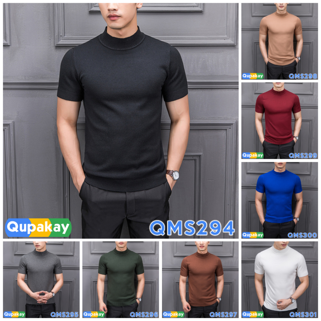 QUPAKAY เสื้อกันหนาวคอจําลอง Mockneck แขนสั้น Cotton Fine Knit | เสื้อเชิ้ตผู้ชายนุ่ม เย็นสบาย QMS29