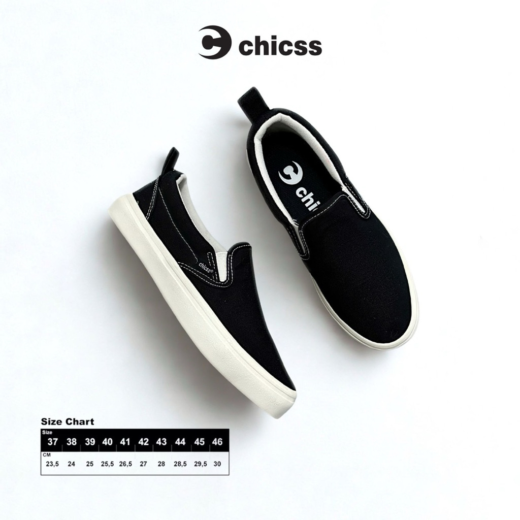 Chicss Slip On Plain Black - รองเท้าผ้าใบลําลองสําหรับบุรุษและสตรี