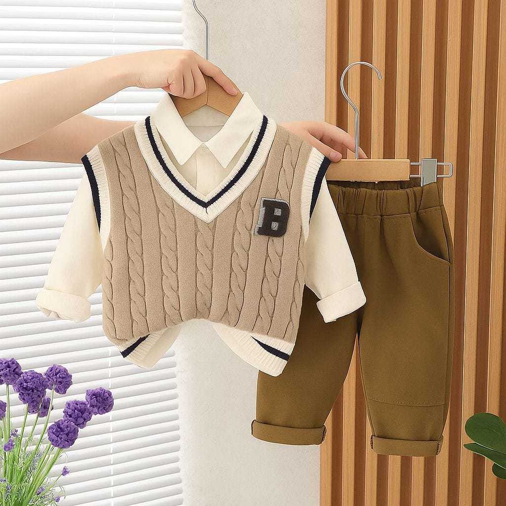 KEMEJA 3IN1 ชุดเสื้อแจ็คเก็ตถักสําหรับเด็กผู้หญิงและเด็กชายที่มี KNITTED VEST MOTIF B AGES 6 เดือน -