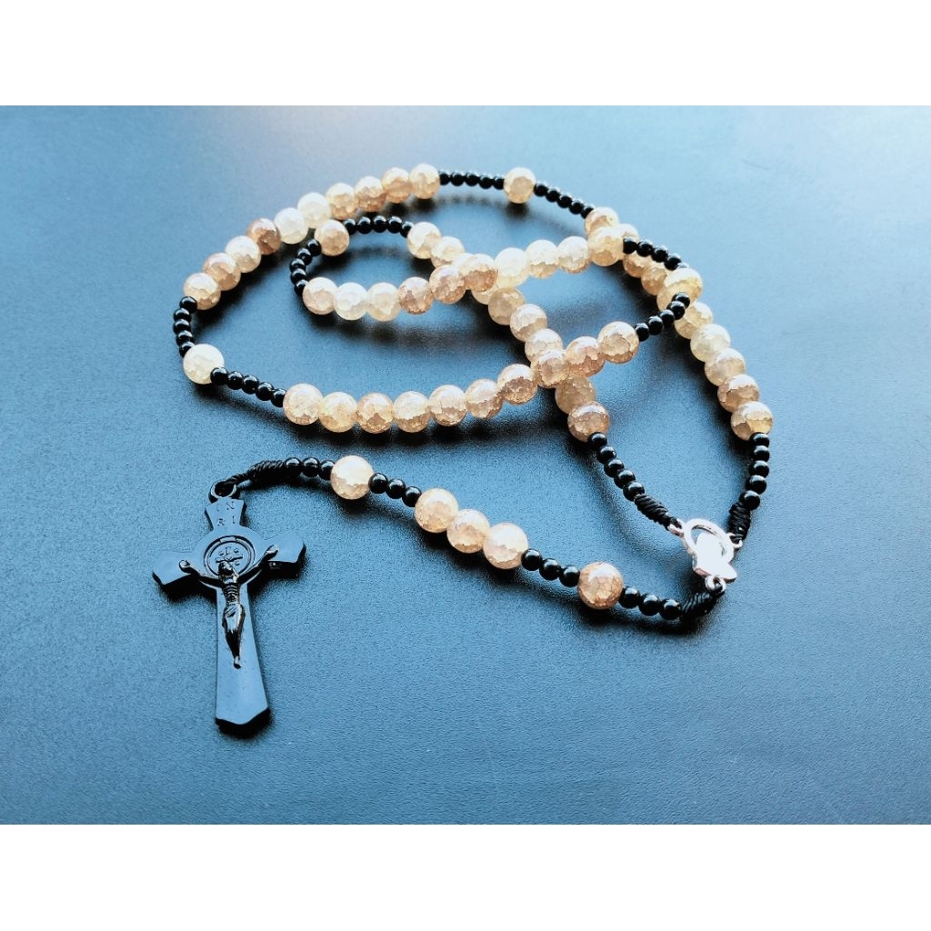 R96 ROSARIO CRYSTAL PEARL CROSS KONEMIUM JADE GLASS 8MM CATHOLIC