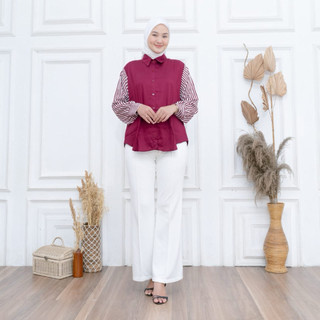 •BIGSALEPLUS• Blouse Jumbo Rayon Twill Kombinasi Salur / Kemeja Formal Kombinasi Strip Katun Cantik