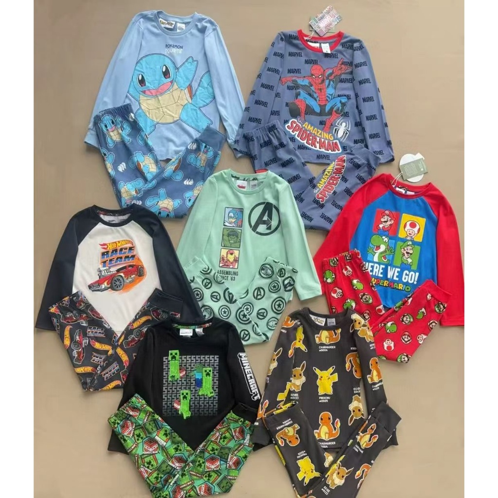 Kids PJ pokemon mario minecr*ft สไปเดอร์แมน | ไซส์ 1-8y | เด็กชาย พีเจ ชุดเสื้อแขนยาวกางเกง 2 ตัว | 