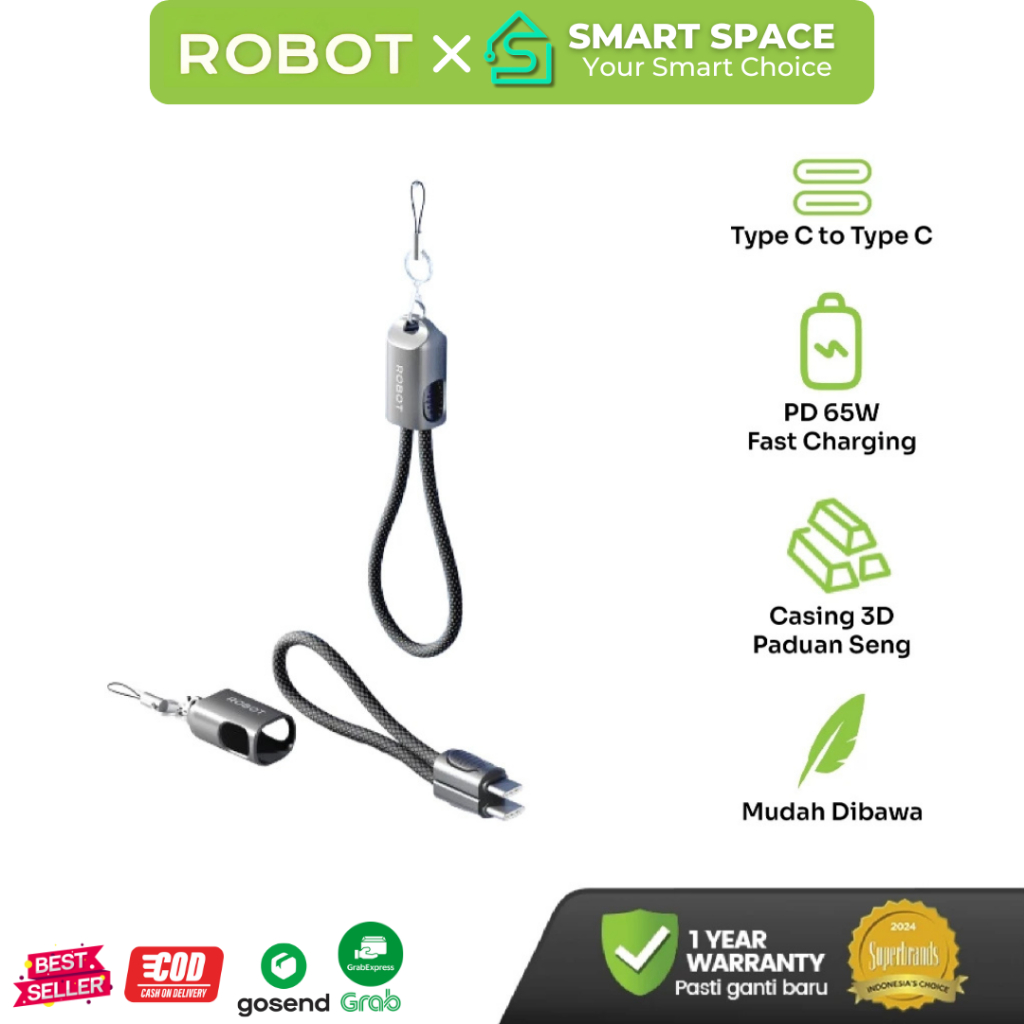 ROBOT PD Data Cable 65W 20cm PB Lanyard Type C Lightning Powerbank Original - รับประกัน 1 ปี