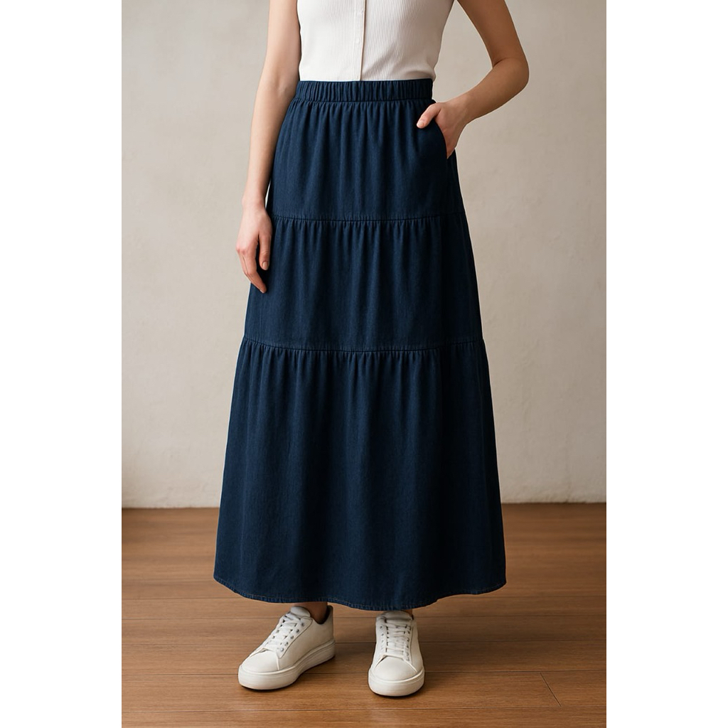 โอเซร่า | Sasa Skirt / Long Jeans Layer Skirt / Maxi Layer Skirt / Korean Look Long 3-Layer Jeans Sk