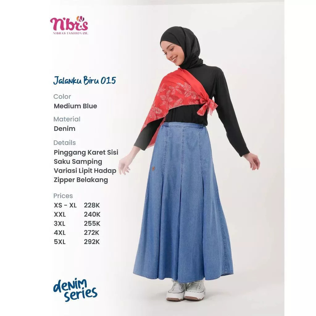 JALANKU BLUE 015 กระโปรงผู้ใหญ่ DENIM PLEASED FLOWLY BLUE 015 NIBRAS SKIRT DENIM JEANS TRENDY BOTTOM