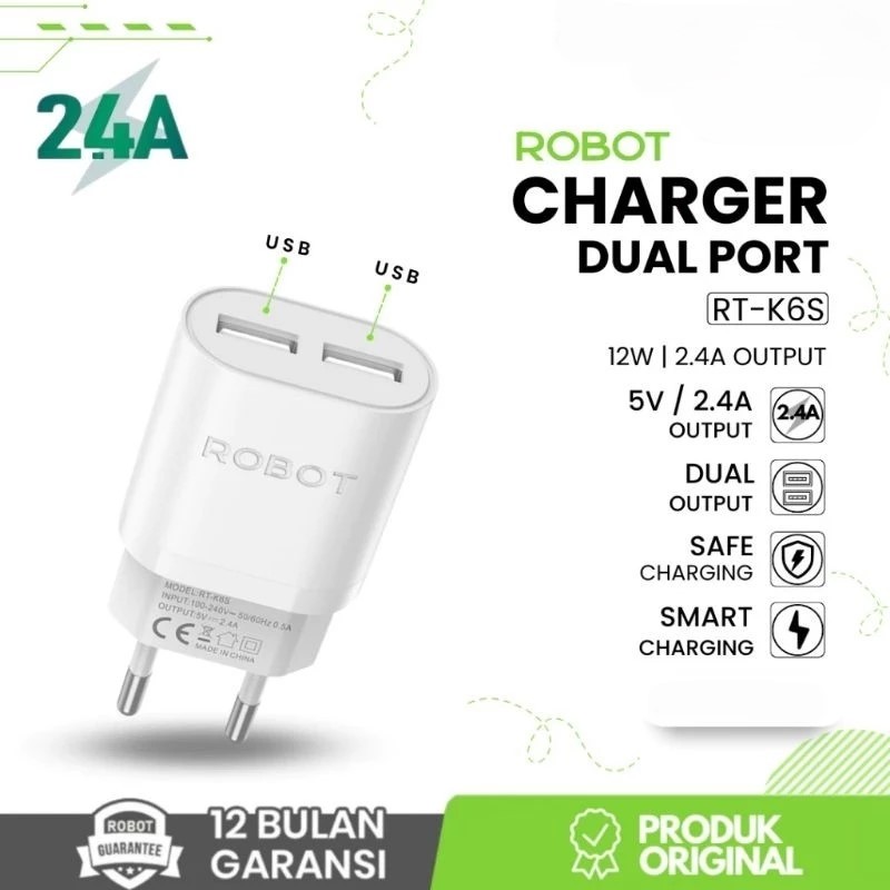 RTK6S Adaptor 2 Usb Robot 2.4 Ampere Charger 2 USB ROBOT RT K6S 2.4A อะแดปเตอร์ 2 เอาต์พุต