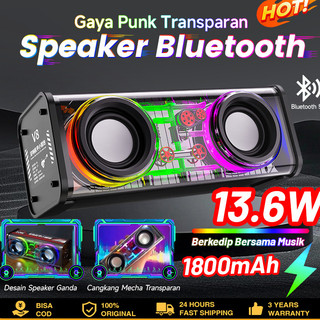 Nozu Speaker Bluetooth Bass 13.6W Double Subwoofer Music RGB LED Light Transparant Mecha Speaker V8