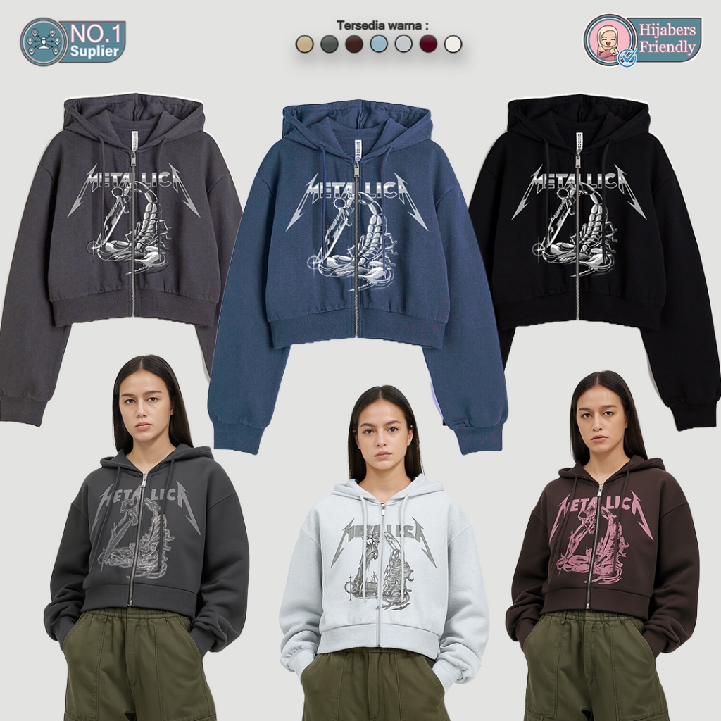 Zipper Crop Metallica Vintage ขนแกะสีน้ําตาลเข้ม Crop Jacket Hoodie Zipper Metallica Cropped Jacket 