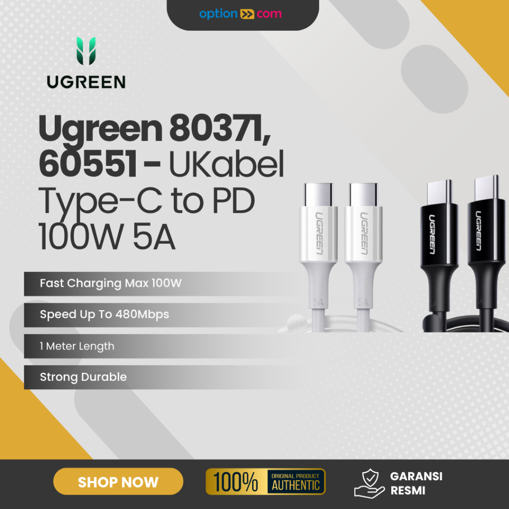 UGREEN สาย Type C ถึง Type C 5A PD 100W 480Mbps ชาร์จเร็วสุด 1M 1 เมตร Ugreen US300 ของแท้การรับประก