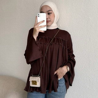 Floral Id - Blouse Knit Rib Taupia Kaos Polos Lengan Panjang Ruffle Basic Premium
