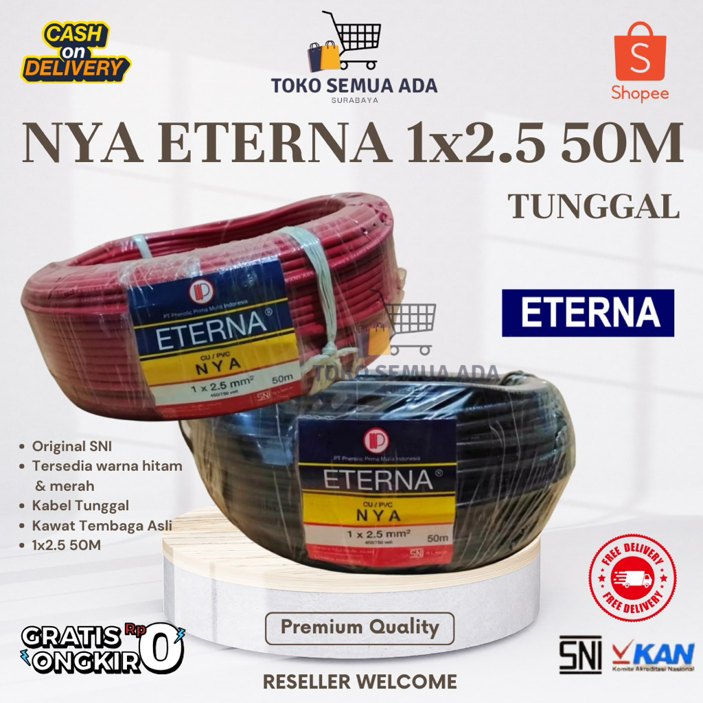 MERAH KekaStore Eterna Kabel Nya 1X2.5 50Mtr/ 100Mtr สีดํา/แดงลวดเดี่ยวดั้งเดิม