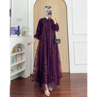 Gamis Brokat Terbaru Nadine Dress Bahan Tille Full Puring Mix Brukat Aplikasi Payet Size M L XL XXL 3XL Dress Wanita Kekinian Viral Baju Kondanagn Simple Elegan Warna Black Burgundy Mahogany