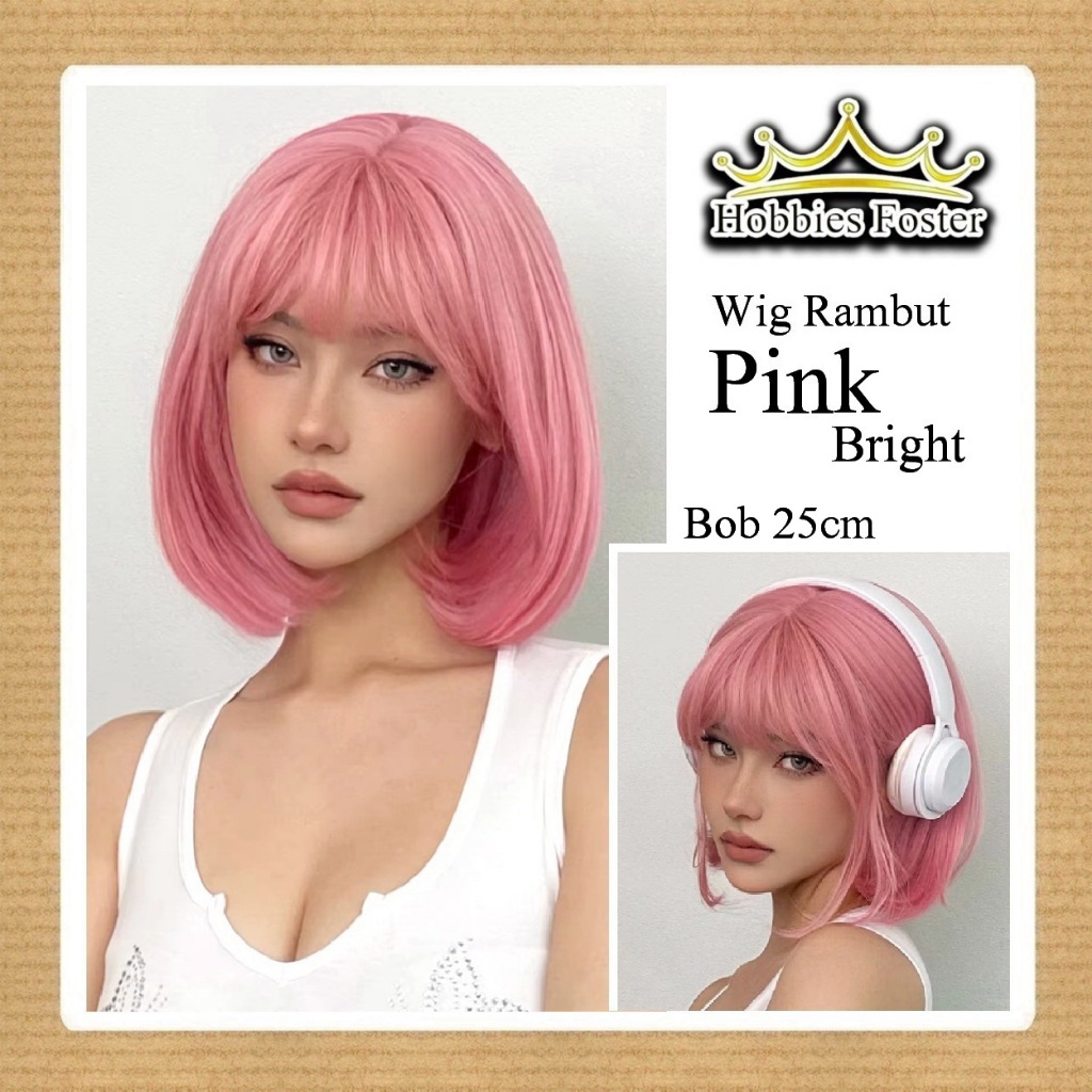 HBF เครื่องแต่งกาย / วิกผมคอสเพลย์ - รุ่นบ๊อบตรง - 25 ซม. / 30 ซม. - สีชมพูสดใส