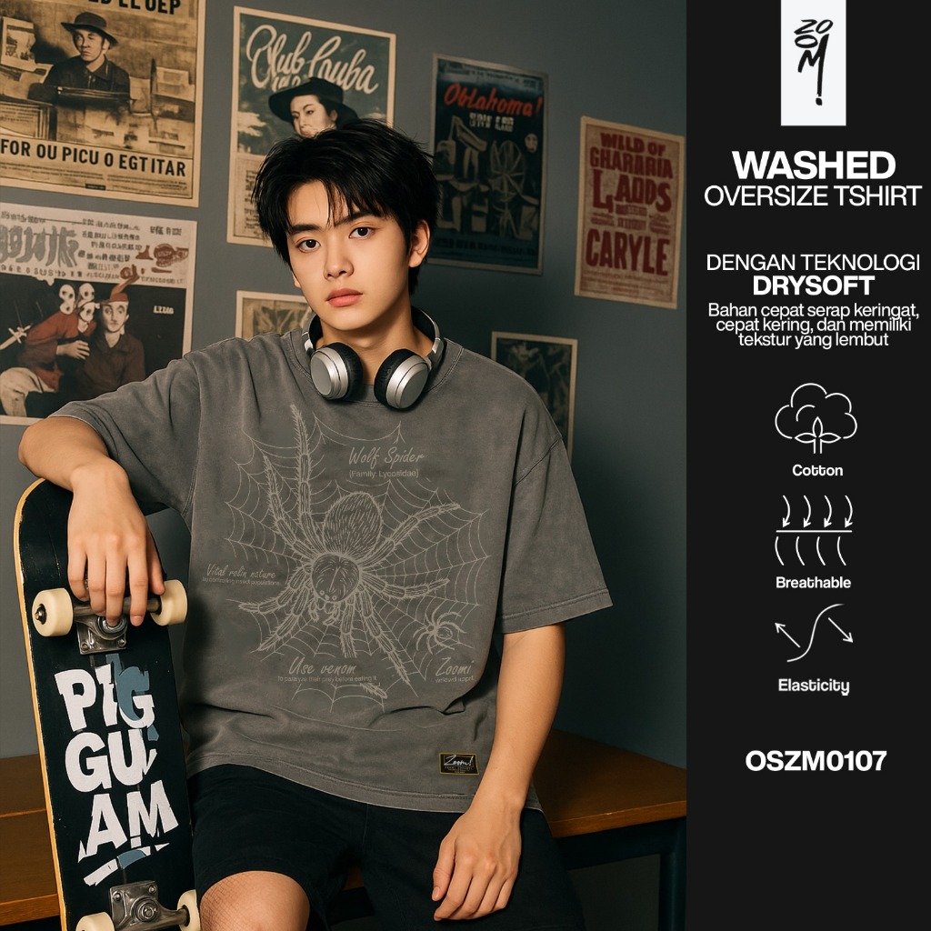 เสื้อยืด Washed Zoomi Oversize พร้อมเทคโนโลยี Drysoft OSZM0107 Wolf Spider