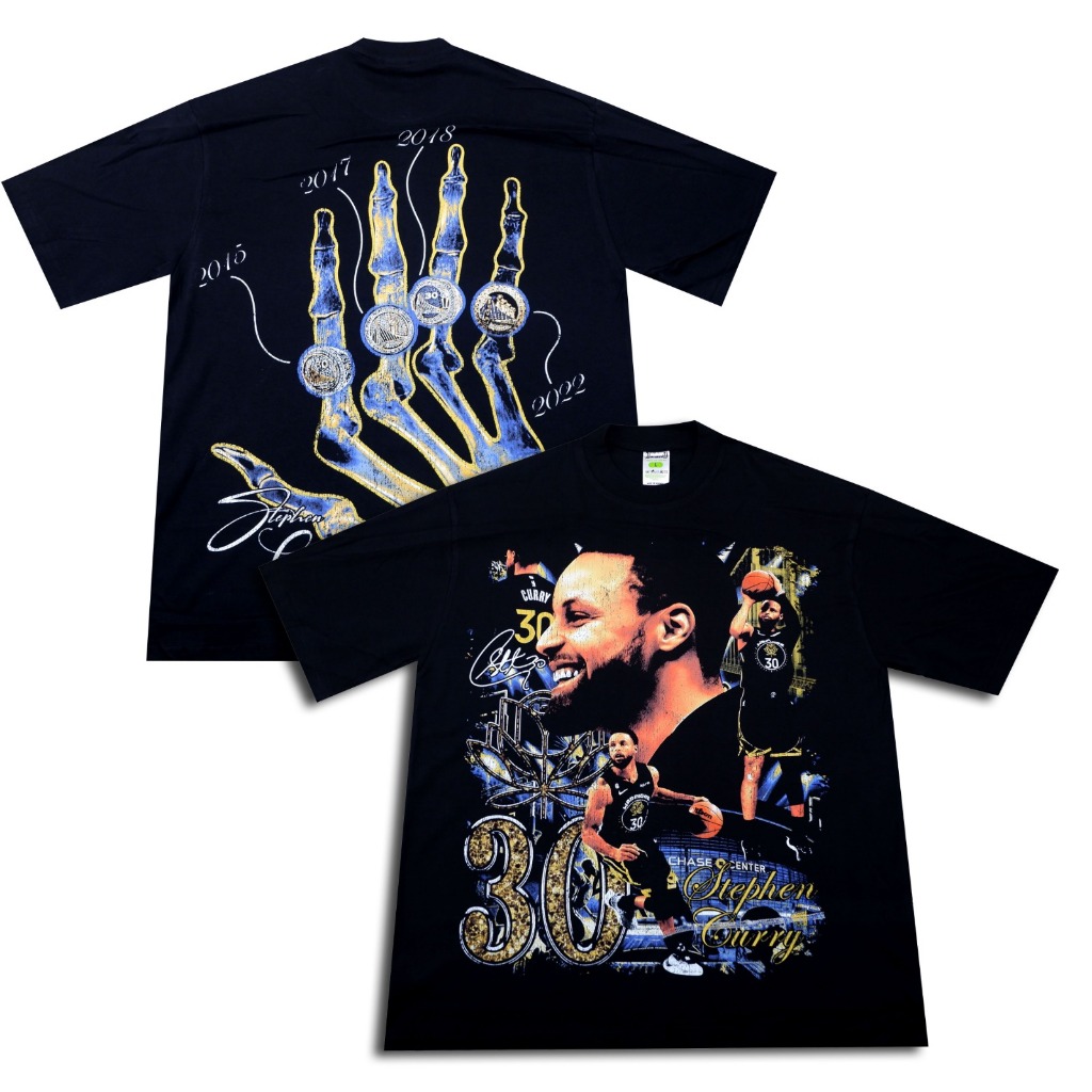 Stephen Curry 4 แหวน NBA เสื้อยืดบาสเก็ตบอล Bootleg Vintage Oversize Black Series