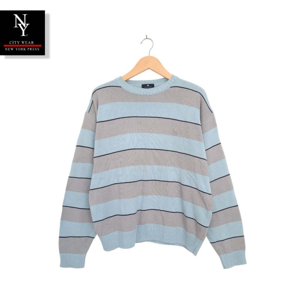 NY เสื้อสเวตเตอร์ O-Grey ลายทางสําหรับทั้งชายและหญิง (CODE: B89-17)