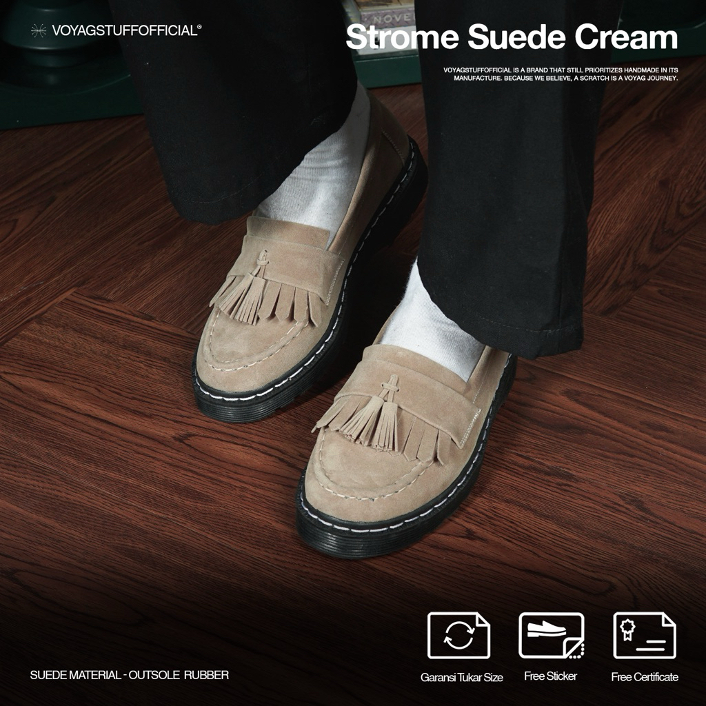 Voyagstuffofficial - Strome Mens Cream Suede penny loafers