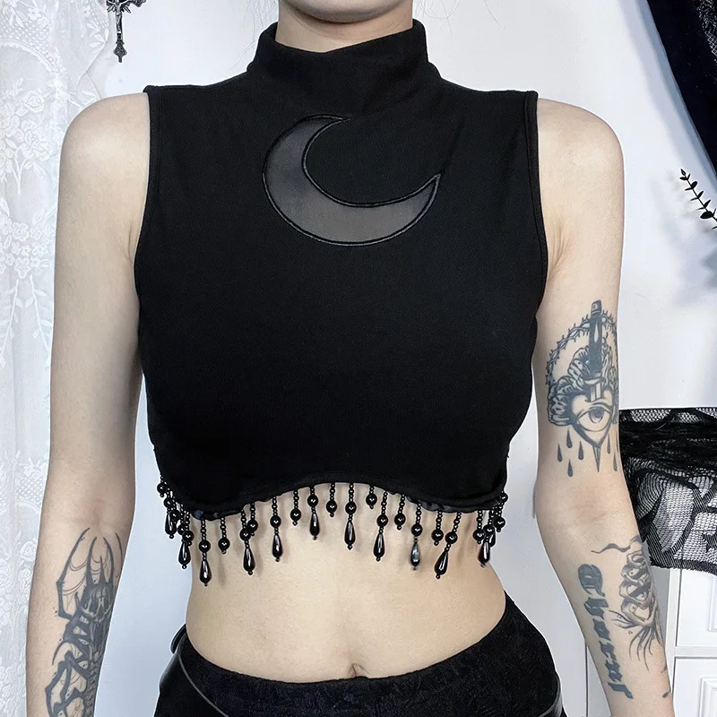 Cyber Y2K ผอมคอเต่าเสื้อกล้ามเซ็กซี่ Moon Chain พู่แขนกุด Crop Tops Gothic ผู้หญิง Punk Streetwear A