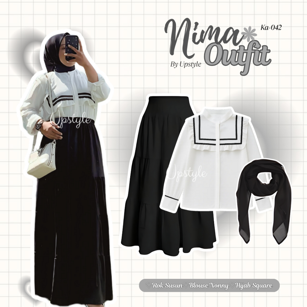 Upstyle - ชุด Nima สําหรับผู้หญิง สไตล์เกาหลี (เสื้อ Nonny + Bella Square Hijab + กระโปรงชั้น) ชุด E