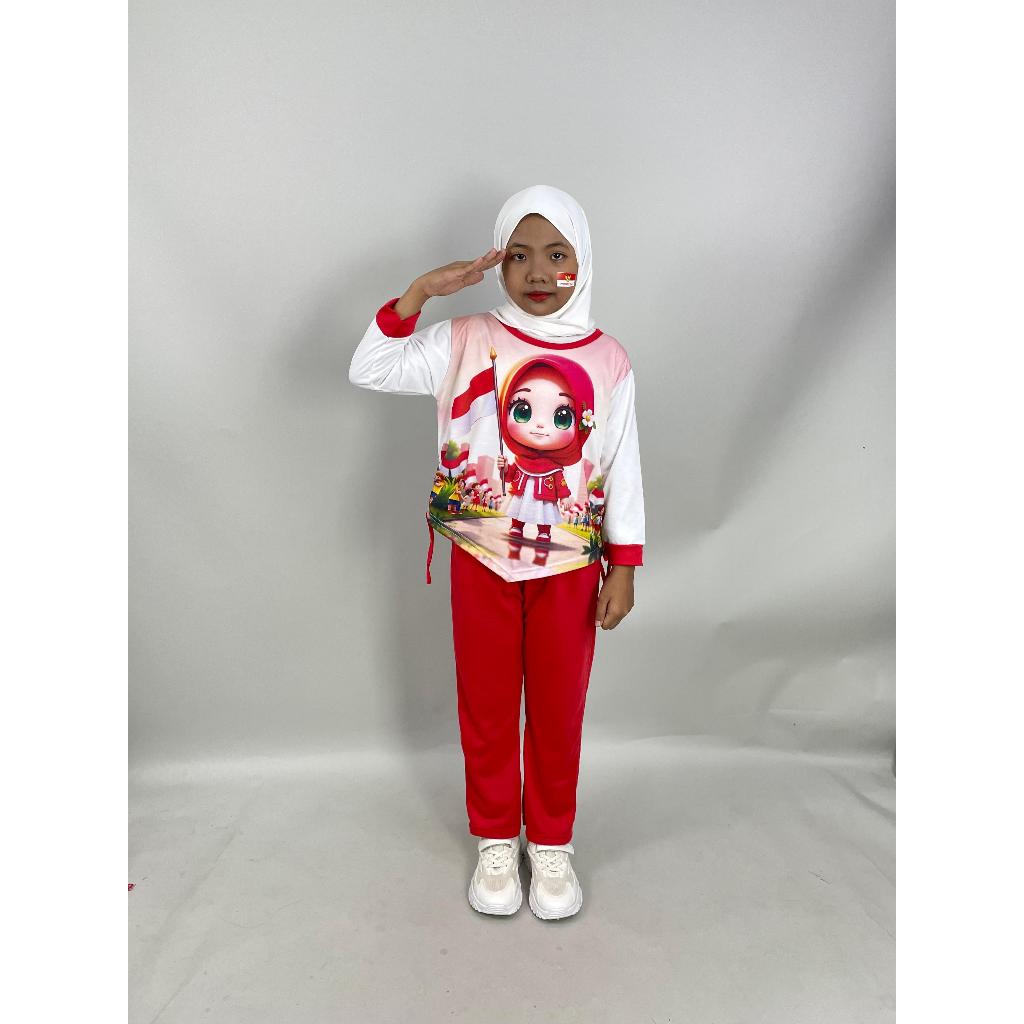 MERAH CKids Red and White Full Print Cartoon Hijab Doll Childrens Suit