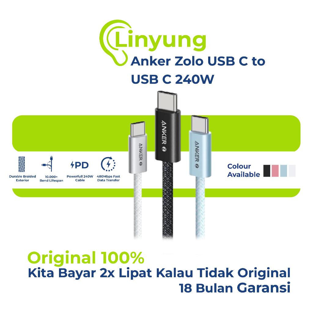 สายชาร์จข้อมูล Anker Zolo USB-C to C 240W – Fast Charging PD 3.1, Nylon Braided, Slim Connector, 1M 