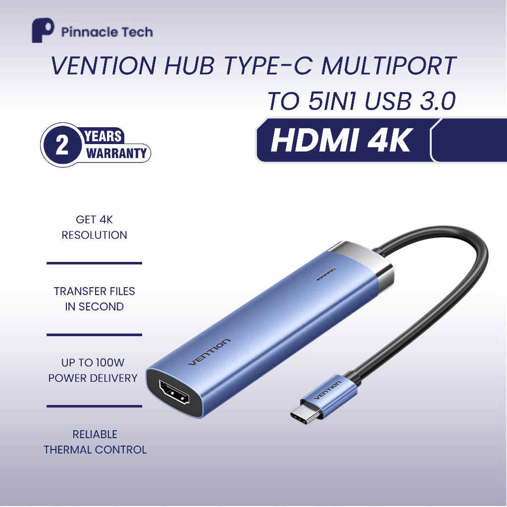 Vention Type-C Hub 5 in 1 - USB 3.0 HDMI 4K PD 0.15M TGE – Blue Aluminium