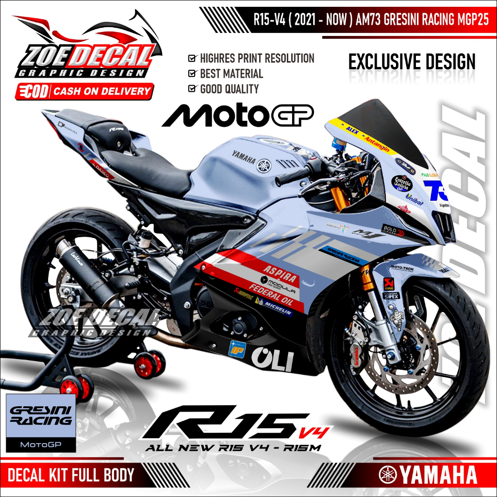 ใหม่ล่าสุดสติ๊กเกอร์ DECAL FULL BODY ALL NEW YAMAHA R15 V4 / รูปลอก R15 V4 Full Body Motif GRESINI R