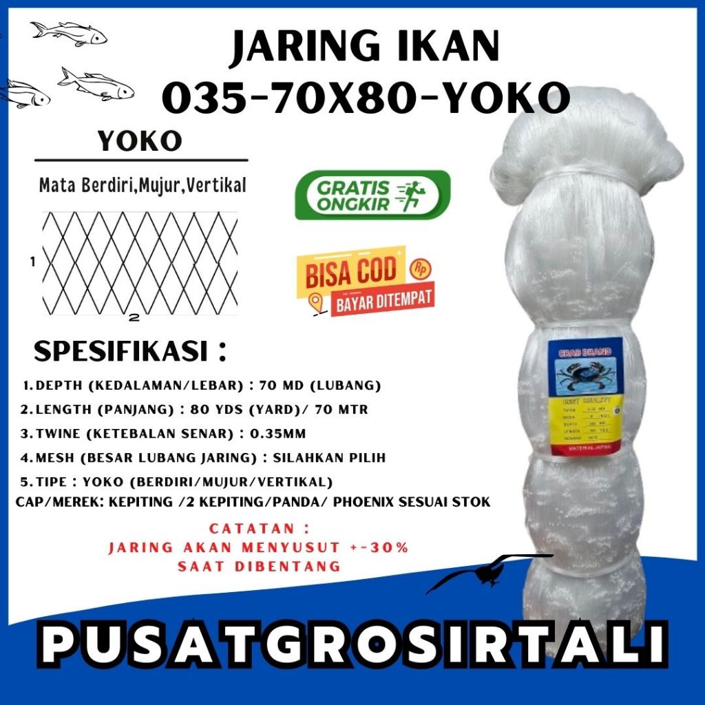 MATA STRING NET 035 70X80 YOKO (RIGHT EYES) / FISH NET / CRAB CAP NET / PANDA / PHOENIX