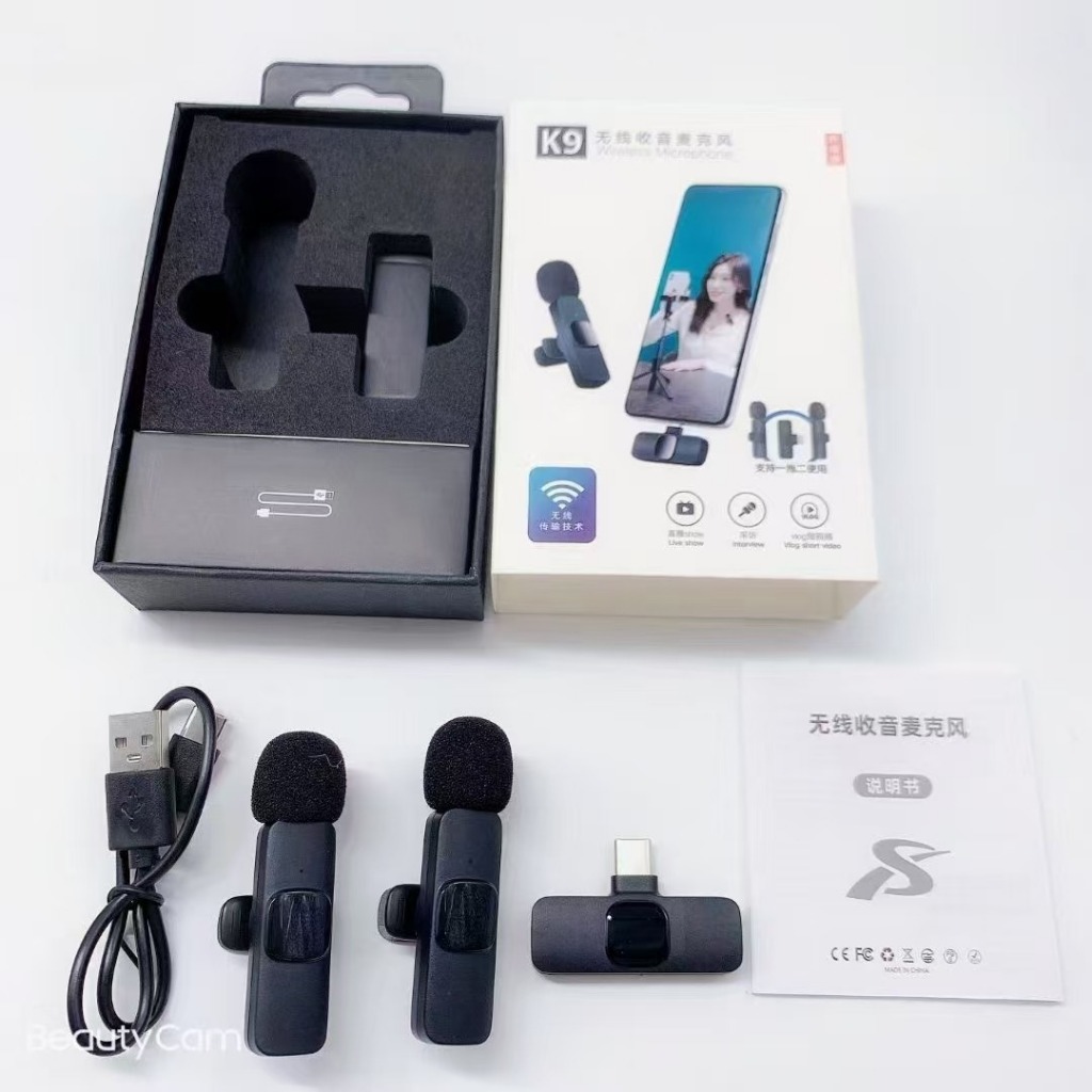 ไมโครโฟน K9 ไมโครโฟนคลิปบน Youtuber Podcast ถ่ายทอดสด K9 ไร้สาย Lavalier ประเภท C 2 ไมโครโฟนบน Youtu