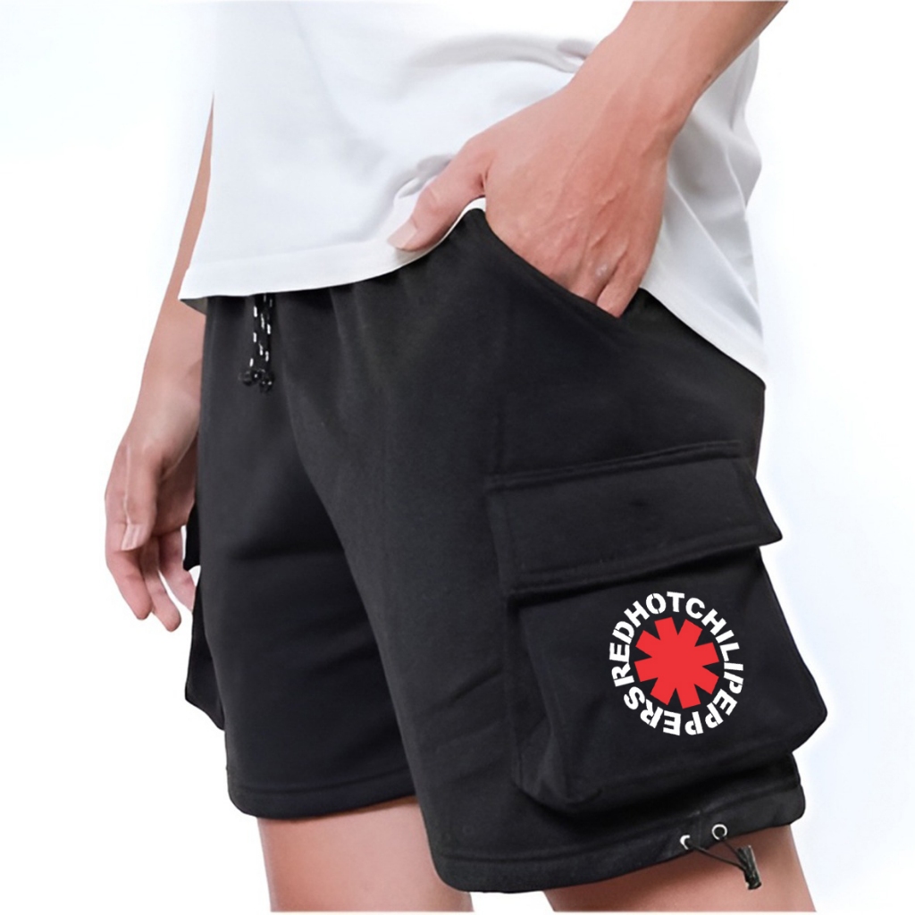 Oneshirt cargo shorts สีดํา Rhcp Logo วัสดุผ้าฟลีซ unisex