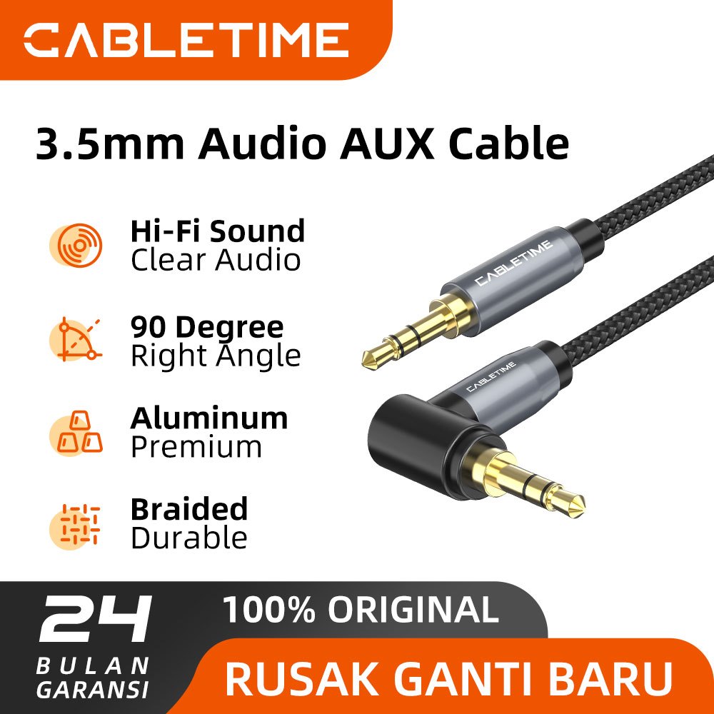 CABLETIME 3.5 มม. Aux Cable 90 องศามุมขวา Audio Aux Male To Male