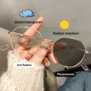 Photochromic Kacamata Anti radiasi  Bingkai logam bulat  kacamata komputer wanita