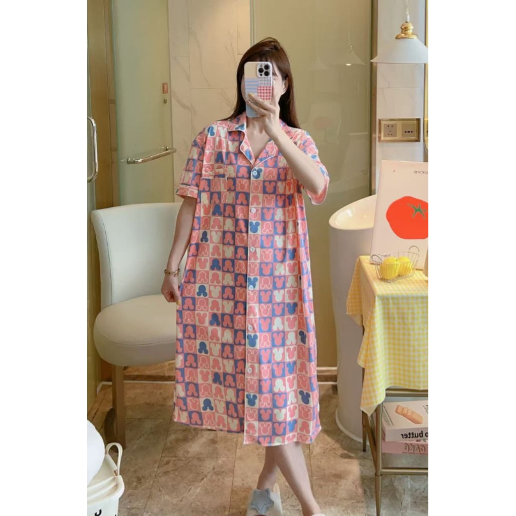 Daster Dress Pyjamas ชุดนอนเซ็กซี่สําหรับผู้หญิงพร้อมปุ่มแอคทีฟและปลอกคอมิกกี้มินนี่