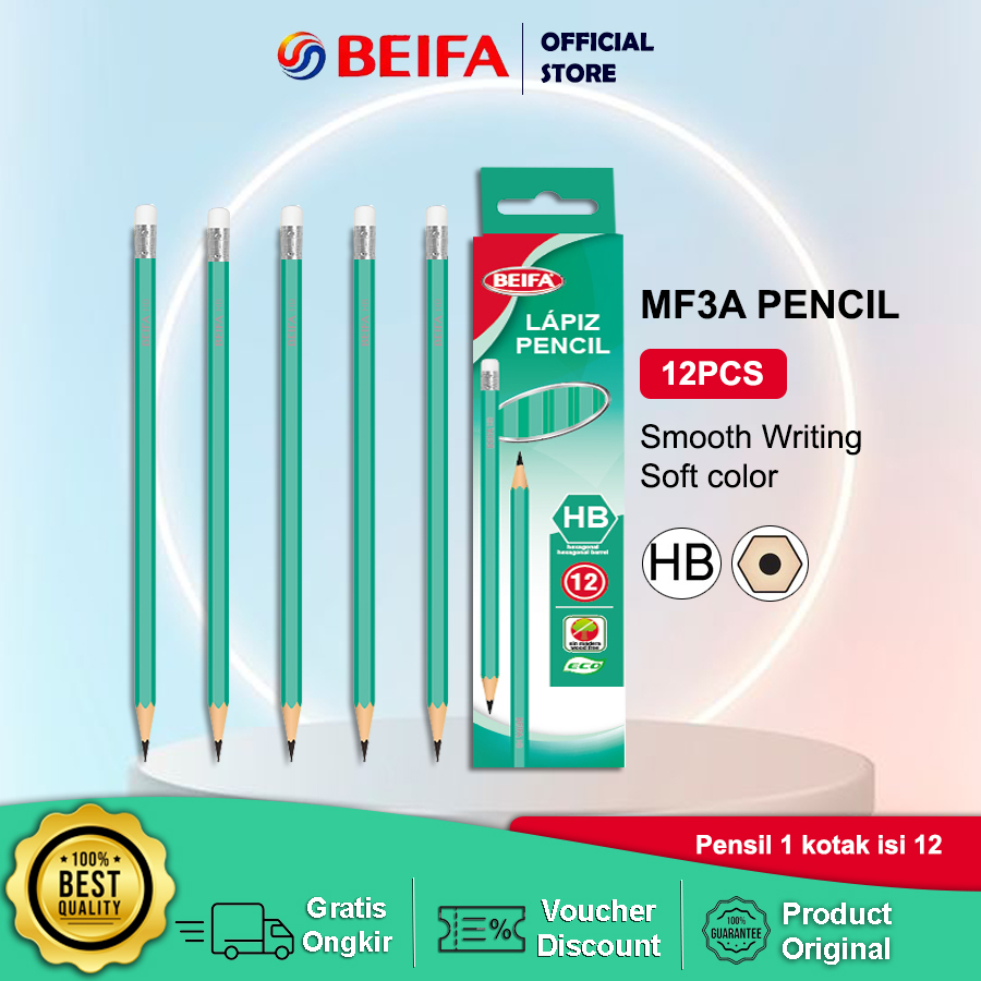 ดินสอ Beifa HB MF3 สีเขียว - 1 กล่อง มี 12 เหมาะสําหรับการเรียนรู้และเขียน MF3A