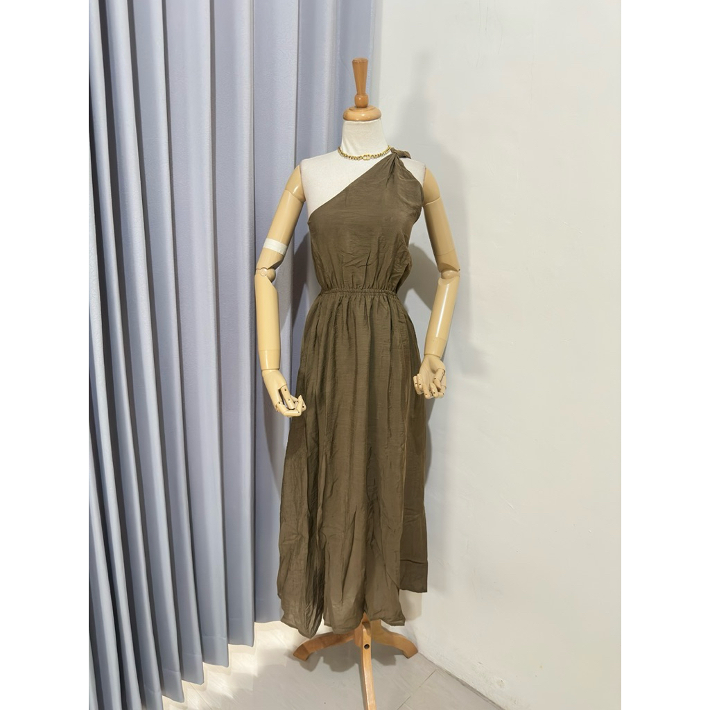 BL367 ใหม่ TAUPE BROWN LINEN LONG SUMMER BEACH DRESS