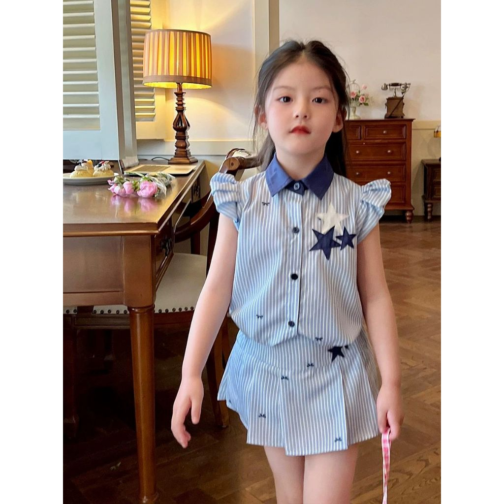 [KIDSWONDERLAND] 2033 Starby Strip Blue Skirt for Girls with Star Ribbon Motif