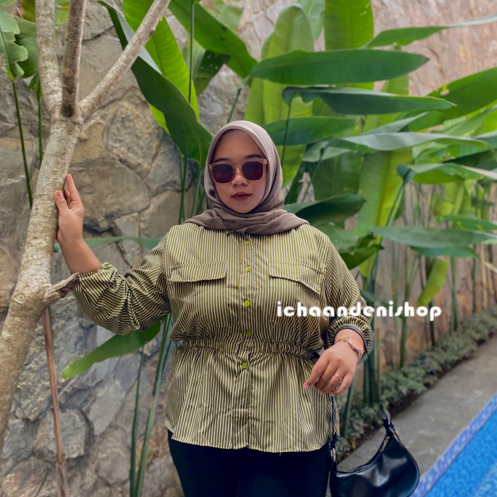 KEMEJA ICH - เสื้อท็อปสไตล์เกาหลี Kina Jumbo Stripe เสื้อเชิ้ตทํางานผู้หญิงขนาดใหญ่