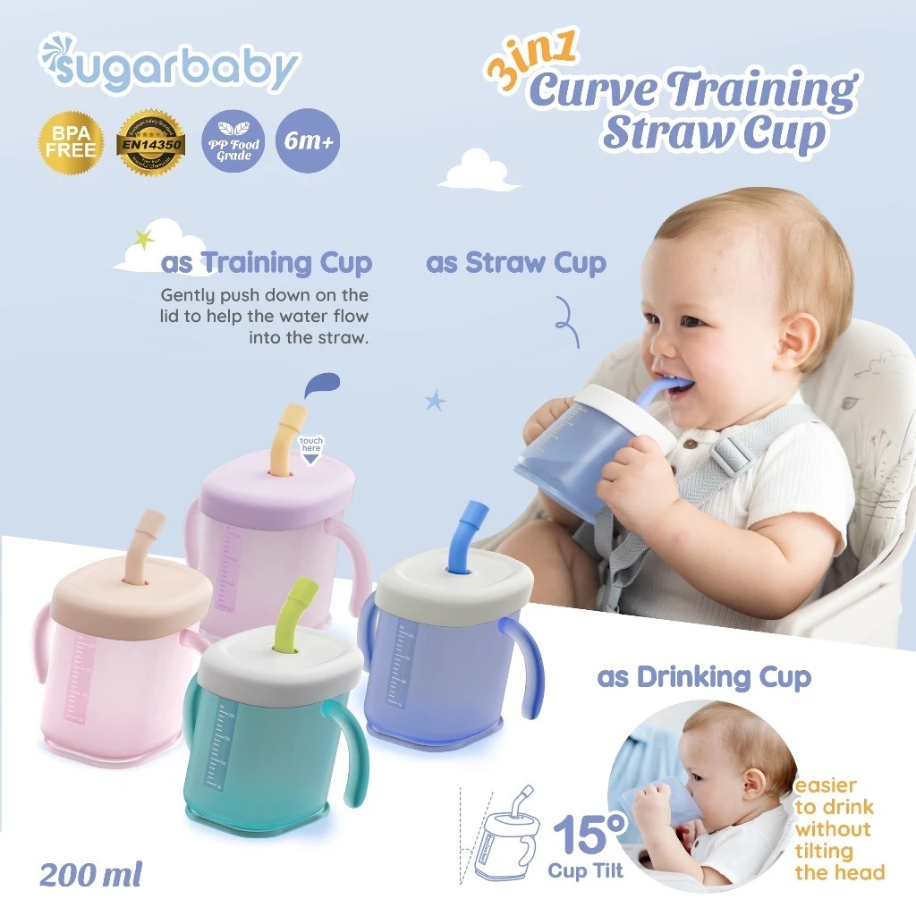 Sugarbaby 3IN1 Curve Training Straw Cup/Baby MPASI Cup/Baby Cup Anti-Sill Leak/Training Cup BPA FREE
