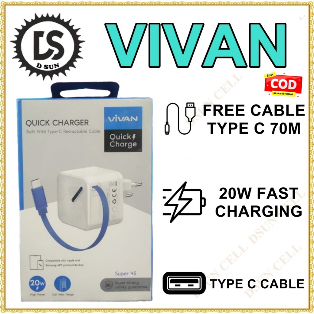 Vivan Super 4S Mini Charger Integrated Cable Type C 70 cm Fast Charging 20W 3A PD QC 3.0