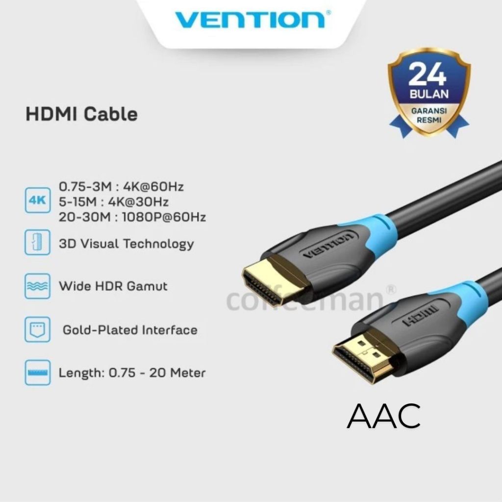 DT - Vention AAC 10M สาย HDMI 3D v2.0 4K UHD คุณภาพสูงความเร็วสูง