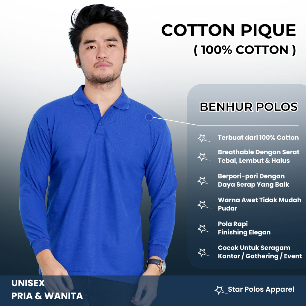 เสื้อยืดแขนยาวคอปกผ้าฝ้ายพรีเมี่ยมสําหรับผู้ชายและผู้หญิง BLUE BCA/ PLAIN BENHUR