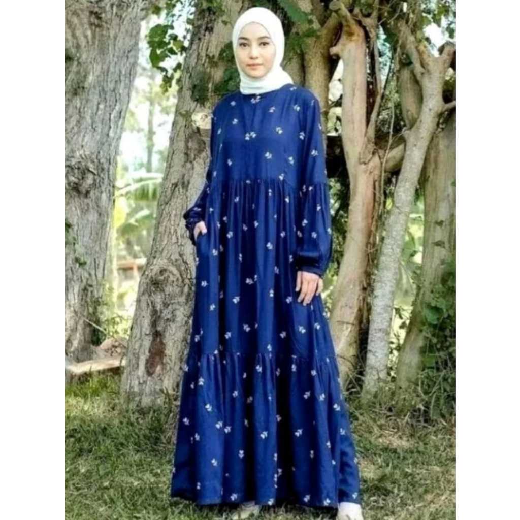 NAVY FLOWER RAYON DRESS // NAVY LOVE DRESS / LUXURY FLOWER MOTIF DRESS