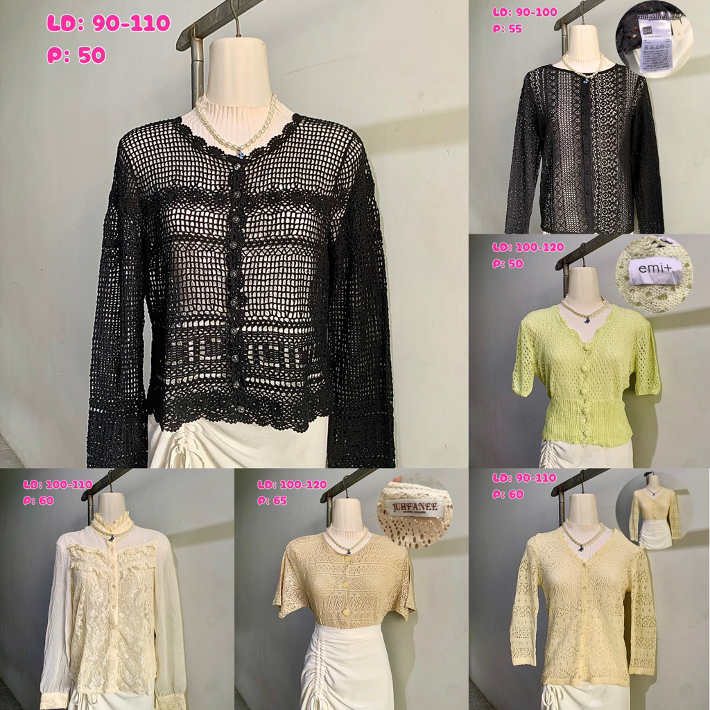 PRELOVED THRIFT OUTER CARDIGAN KNITTED NET CARDIGAN WOMENS BRUCADE BLOUSE COQUETTE COLOR NUDE BLACK 