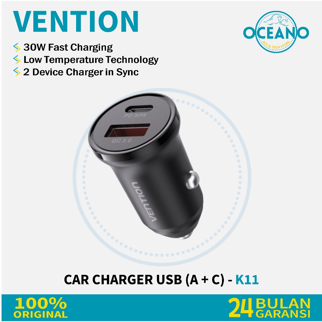 Vention ที่ชาร์จในรถยนต์แบบสองพอร์ต 30W PD 18W QC - K11B0